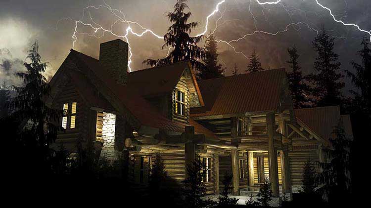 A rustic home in a lightning storm.