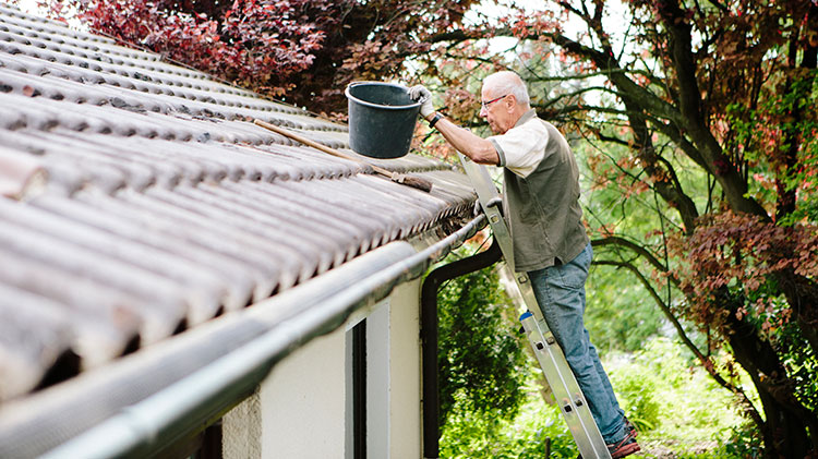 A man cleaning gutters on the roof of a house.