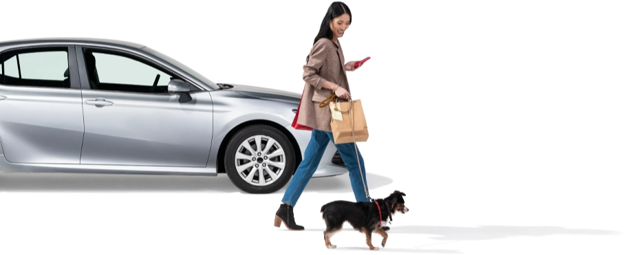 A woman walks her dog past a parked grey sedan.