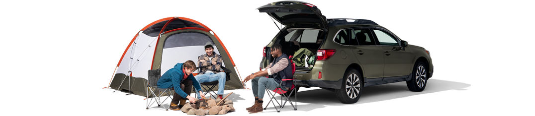 Three male friends gather around a fire pit with their tent and SUV hatchback opened.