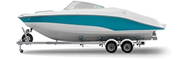 Profile of a white boat with a teal stripe along the side.