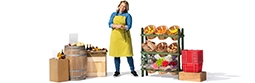 Profile of a shopkeeper next to her basket of goods.