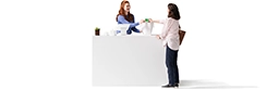 Profile of a woman at a check-out counter helping a customer.