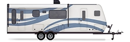 Profile of a white trailer with a pair of blue-striped waves along the side.