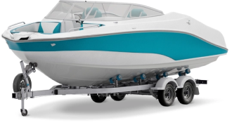 A white boat with a teal swoosh down the side sits on a boat trailer.