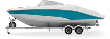 Profile shot of a white boat with a teal swoosh down the side, one of the many types covered by State Farm Boat Insurance.