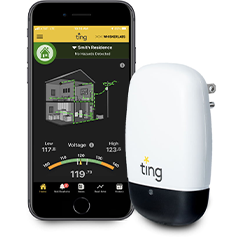 Ting page displayed on mobile phone next to Ting outlet plug-in