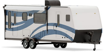 View of a white camper trailer with blue trim.