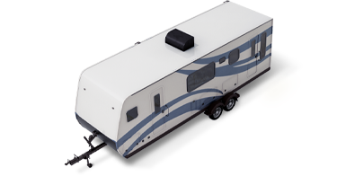 Overhead view of a white camper trailer with blue trim.