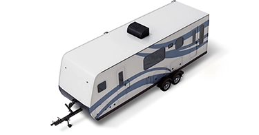 Overhead view of a white camper trailer with blue trim.