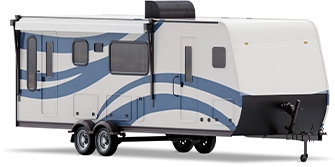 View of a white camper trailer with blue trim.